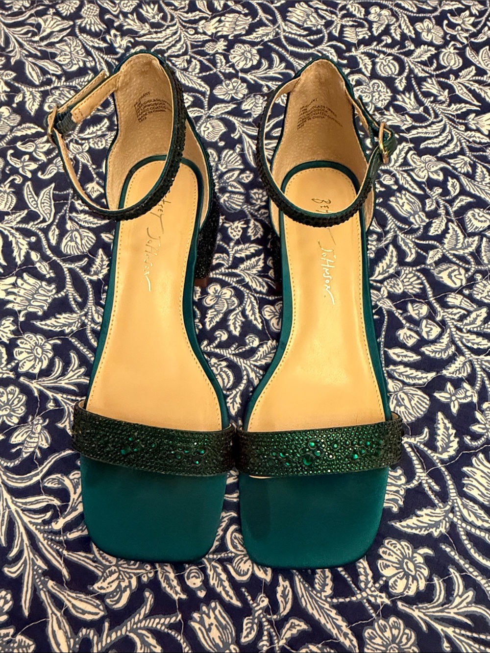 Betsey Johnson Emerald Green Embellished Ankle-Strap Block Heels